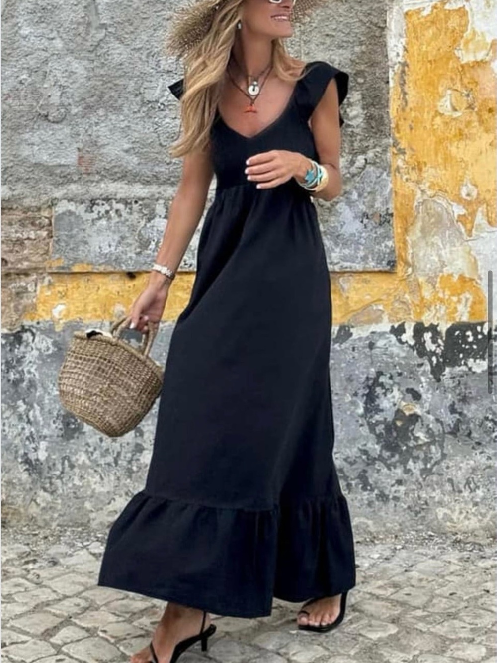 Women’s Black Maxi Summer Dress with Ruffle Hem